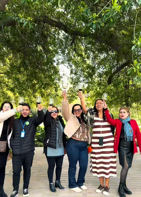 Grupo de viajantes comemorando